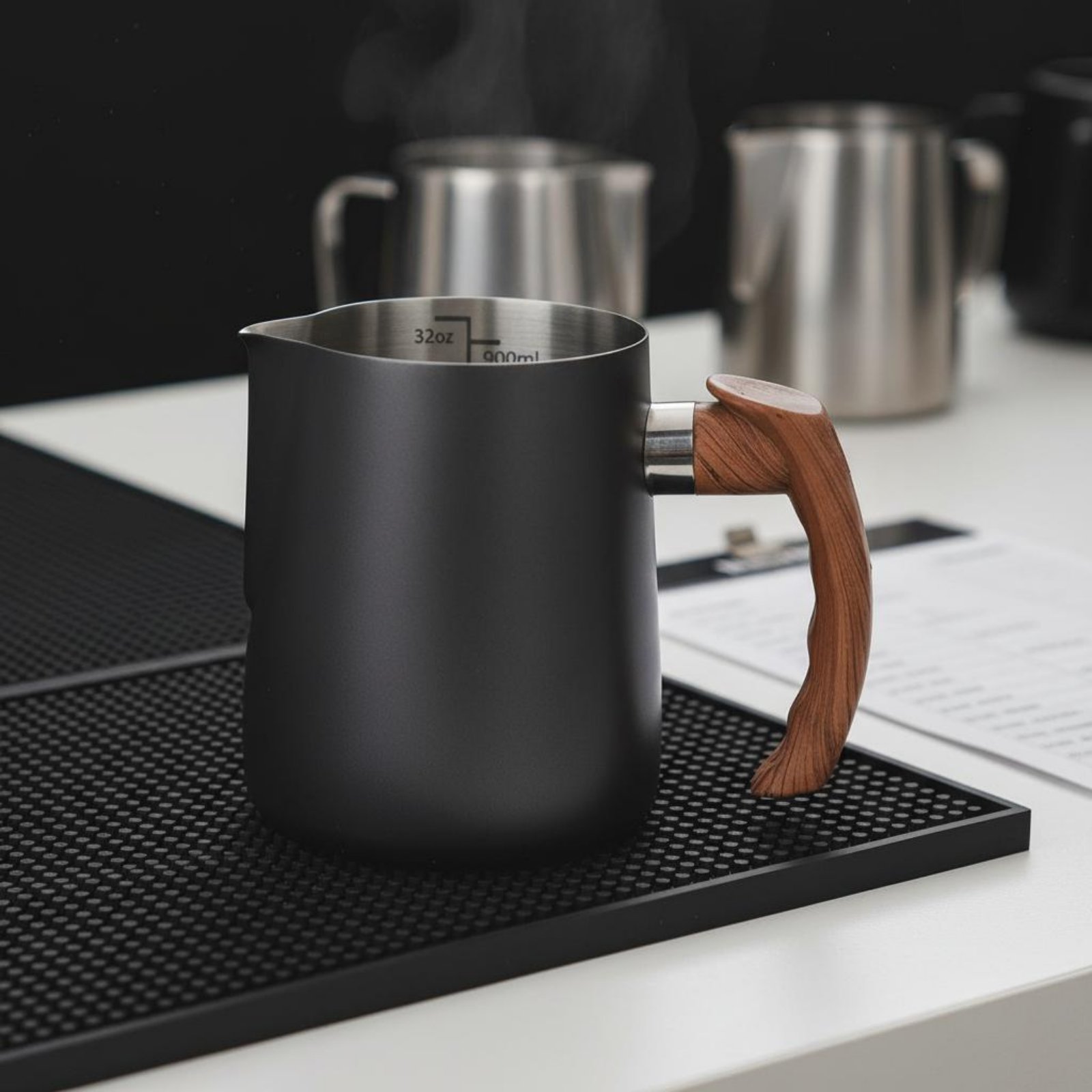 Dzbanek do latte art z drewnia – Milk Steaming Pitcher recenzja i cena